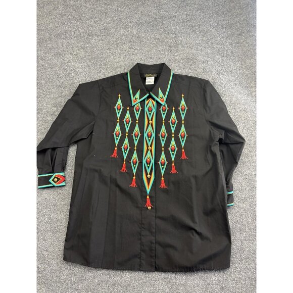 Vintage Bob Mackie Shirt Womens Large Embroidered Western Art Hong Kong 90s - Picture 1 of 7